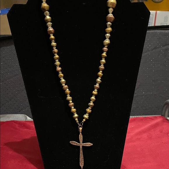 Hand Crafted Jewelry - Hand Crafted Gold and Bronze Beaded Necklace with Cross Pendant